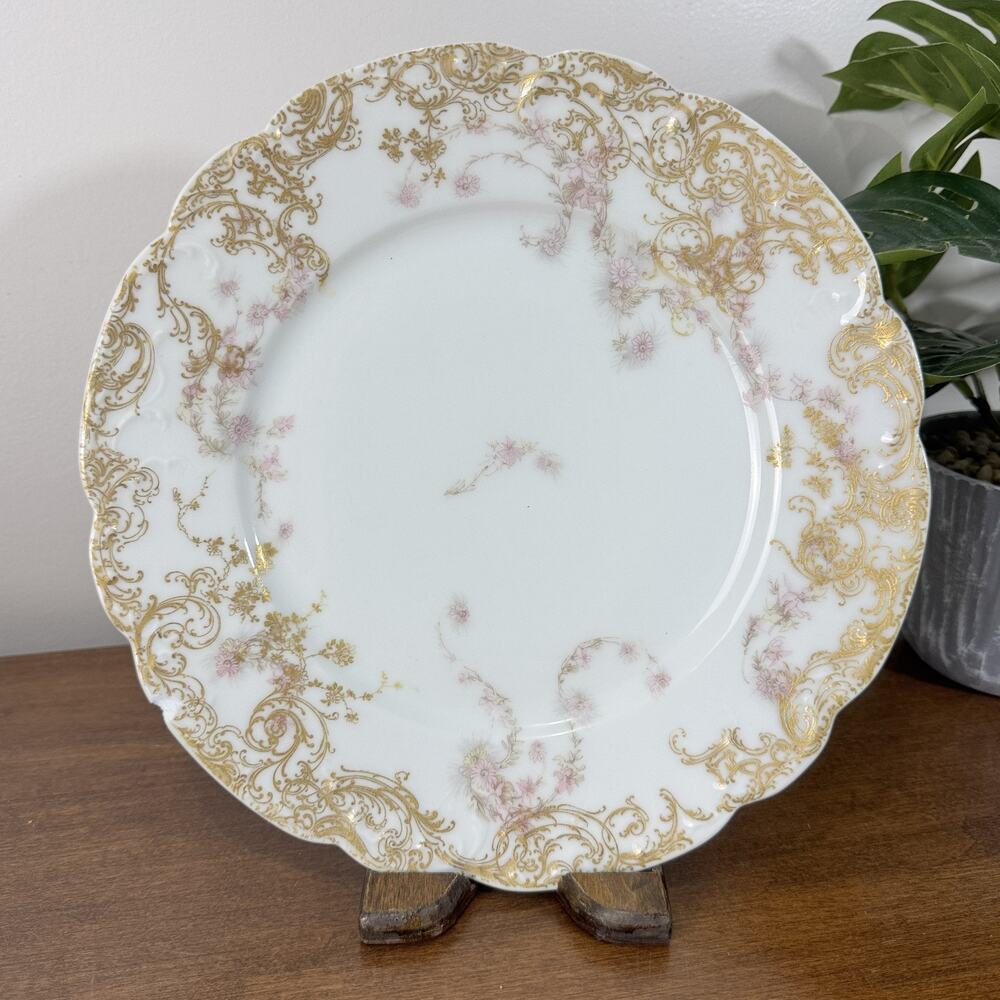 Antique Haviland Limoges H&Co L France Scalloped Gold Gilt Pink Floral Plate